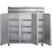 A large silver stainless steel Beverage-Air reach-in freezer with three solid doors.
