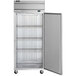 A silver Beverage-Air reach-in refrigerator with a solid door open.