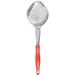 An orange perforated oval spoon with a handle.