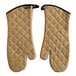 A pair of tan quilted San Jamar Bestan oven mitts.