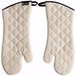 A pair of white San Jamar terry cloth oven mitts.
