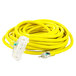 A close up of the yellow DuroMax extension cable with a triple tap plug.