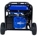 A blue and black DuroMax portable generator on wheels.