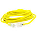 A close-up of a yellow DuroMax extension cord with two plugs.