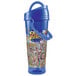 A blue plastic water bottle with a handle and a lid with a straw with cartoon characters on it.