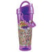 A purple water bottle with a handle and cartoon characters on it.
