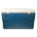 A blue and white Micro Matic insulated jockey box cooler with a lid.