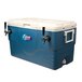 A blue and white Micro Matic insulated cooler with two taps.