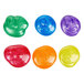 Six different colored round objects with designs on them in yellow, orange, purple, blue, red, and green.