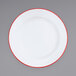 A white Crow Canyon Home enamelware plate with red trim.