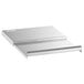 A silver stainless steel sliding lid on a metal ice bin tray.