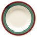 A white melamine bowl with a circular center decorated with red, green, and blue stripes.