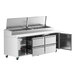 An Avantco stainless steel refrigerated pizza prep table with 3 drawers.