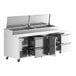 A large stainless steel Avantco pizza prep table counter with 1 door and 4 drawers.