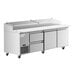 An Avantco stainless steel refrigerated pizza prep table with two doors and two drawers.