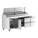 An Avantco stainless steel pizza prep table with 1 door and 4 drawers.