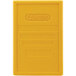 A yellow plastic rectangular lid with text.