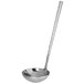 A Carlisle stainless steel ladle with a hammered finish and a long handle.