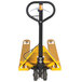 A yellow Wesco hand pallet truck with black handles.