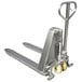 A silver Wesco stainless steel manual pallet truck with wheels and a handle.