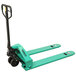 A green Wesco Industrial Products pallet truck with 27" x 48" forks.