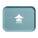 A blue rectangular Cambro tray with a white house logo on it.