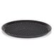 A black polypropylene pizza tray with holes in it.