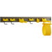 A yellow and grey metal Rubbermaid closet organizer with hooks.