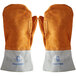 A pair of orange and white leather Matfer Bourgeat oven mitts.