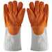 A pair of Matfer Bourgeat leather oven gloves on a white background.