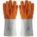 A pair of orange and white leather oven gloves with grey accents.