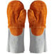 A pair of orange and grey leather oven mitts.