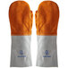 A pair of orange and grey leather oven mitts.
