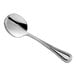 An Acopa Lydia stainless steel bouillon spoon with a long handle.