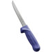 A Dexter-Russell narrow boning knife with a blue handle and a purple blade.