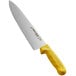 A Dexter-Russell chef knife with a yellow handle.