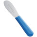 A Dexter-Russell blue scalloped sandwich spreader with a white handle.