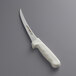 A Dexter-Russell Sani-Safe curved boning knife with a white handle.