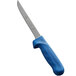 A Dexter-Russell Sani-Safe narrow boning knife with a blue handle.