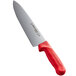 A Dexter-Russell Sani-Safe chef knife with a red handle.