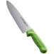 A Dexter-Russell Sani-Safe chef knife with a green handle.