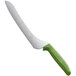 A Dexter-Russell bread knife with a green handle.