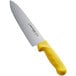 A Dexter-Russell Sani-Safe chef knife with a yellow handle.