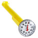 A close-up of a Taylor yellow pocket dial thermometer with a white dial.