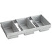 A silver metal Baker's Mark rectangular loaf pan with three straps and four compartments.