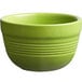 An Acopa Capri green stoneware bouillon bowl with lines on it.