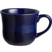 An Acopa Capri deep sea cobalt stoneware coffee cup with a handle and stripes on it.