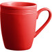 A set of 12 red stoneware coffee mugs with handles.