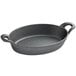 A black Valor pre-seasoned cast iron oval casserole dish with two handles.