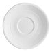 A white stoneware saucer with a circular indentation in the center and subtle concentric ridges along the rim.